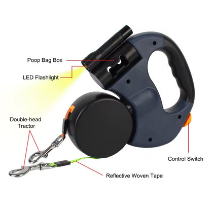 Retractable LED Dual Dog Leash with Reflective Tape